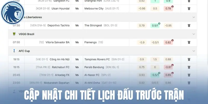 Cập nhật chi tiết lịch đấu trước trận