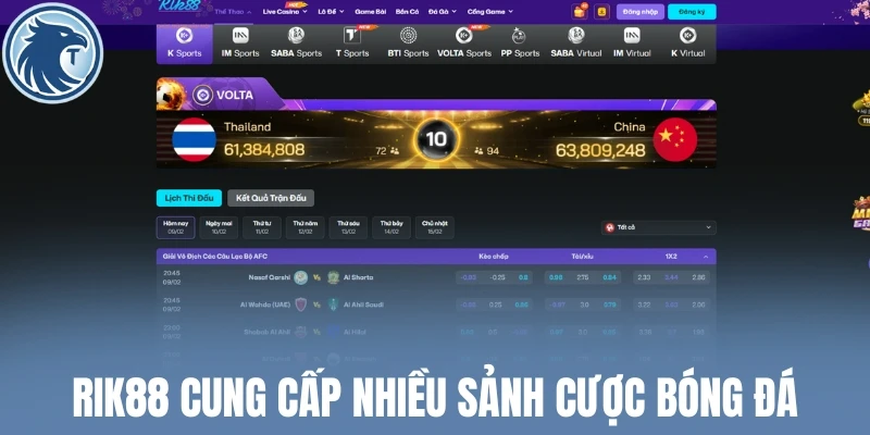 Rik88 cung cấp nhiều sảnh cược bóng đá